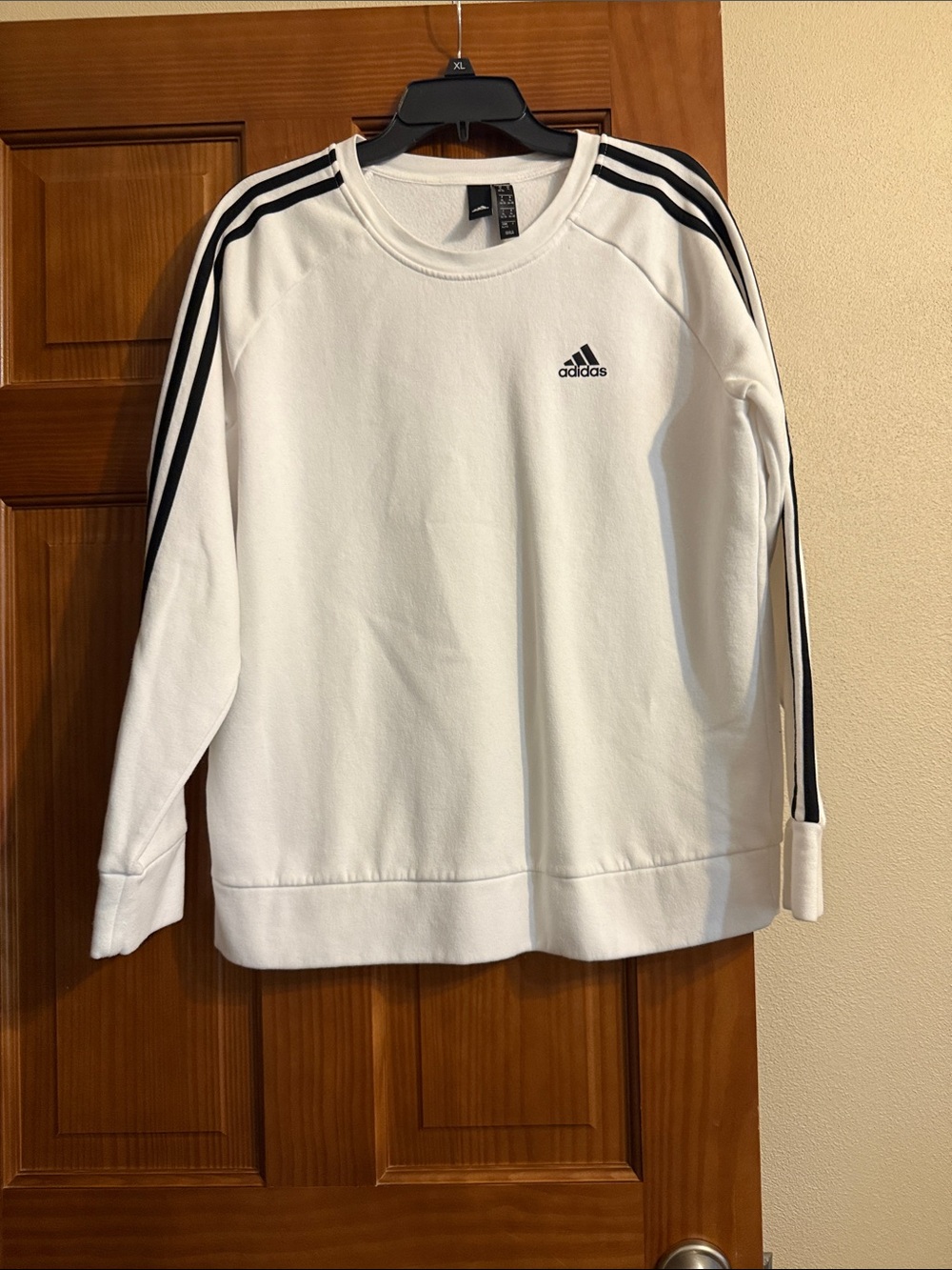 Women’s size XL adidas White Crew Sweatshirt with Black Shoulder Stripes